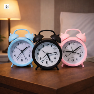 Mini twin bell alarm clock 4 x 3.5 inch available in blue black pink